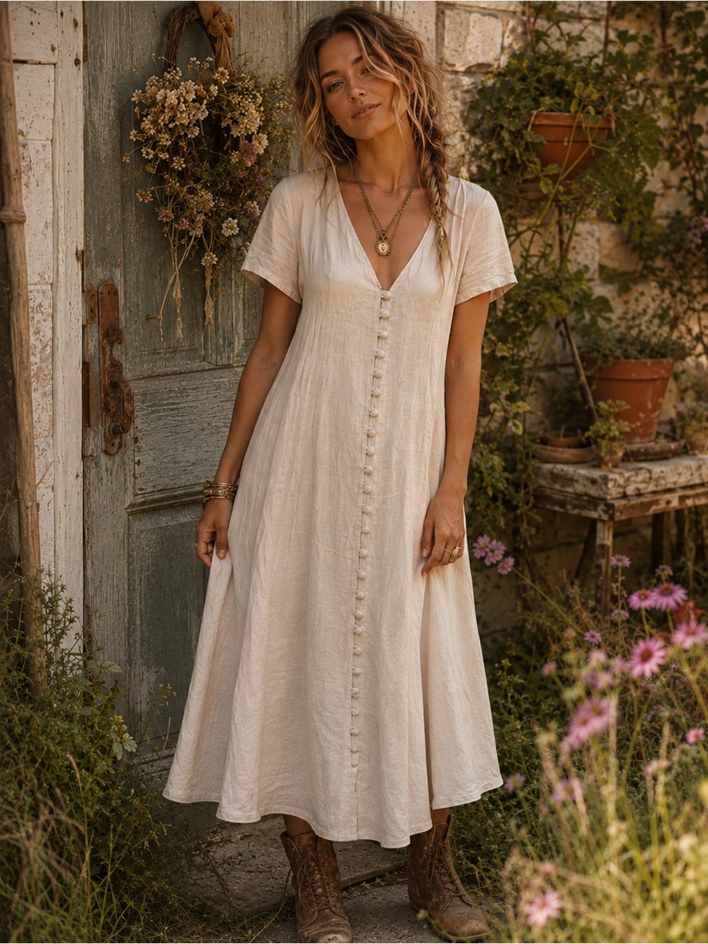 Vintage Marella Button-Front Midi Dress in Cream| SZ8| Made in Italy| 100% Linen
